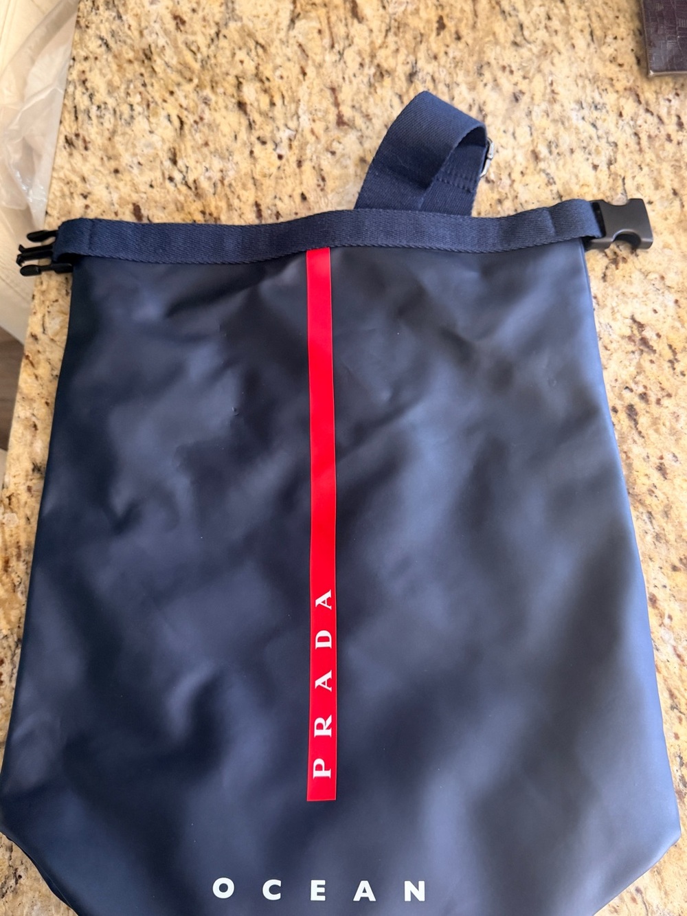 Prada Navy Duffel Bag with Red Stripe